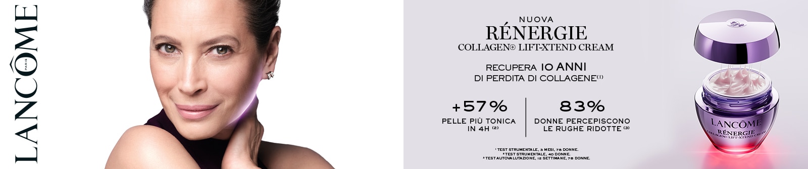 Crema Lancôme Rénergie Collagen Lift‑Extend in vasetto con coperchio viola metallizzato, accompagnata dal testo ‘Recupera 10 anni di perdita di collagene’.